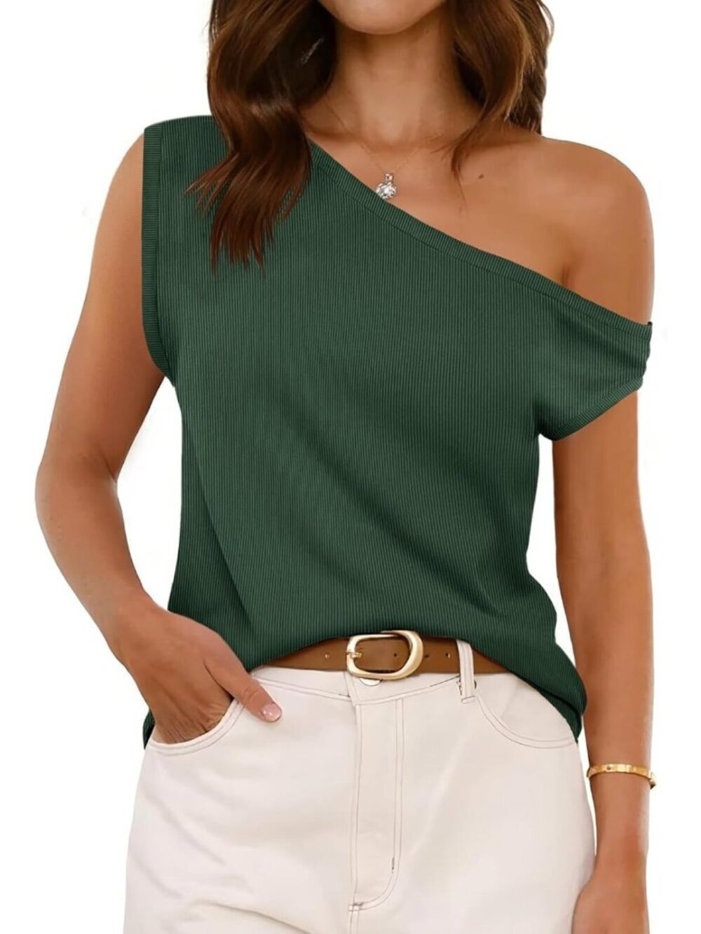 Women's Army Green Ribbed Off One Shoulder Slouchy Short Sleeve Tee Top